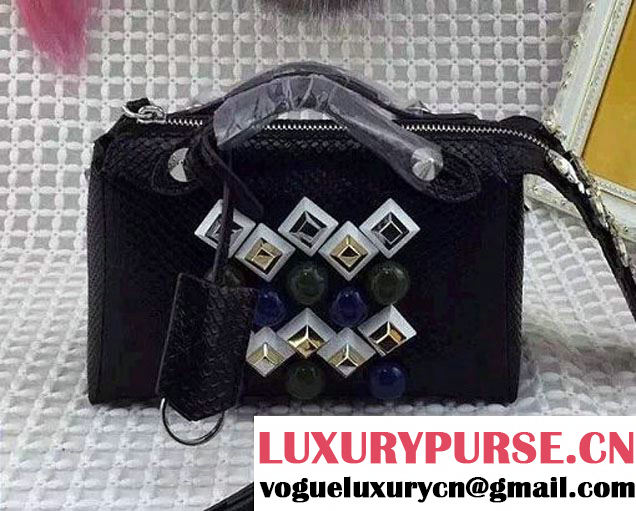 Fendi Python Pattern Mental Studs And Horsehair Mini By The Way Boston Bag Black with Rhinestones 2015