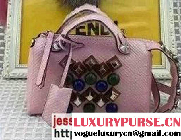 Fendi Python Pattern Mental Studs And Horsehair Mini By The Way Boston Bag Pink with Rhinestones 2015