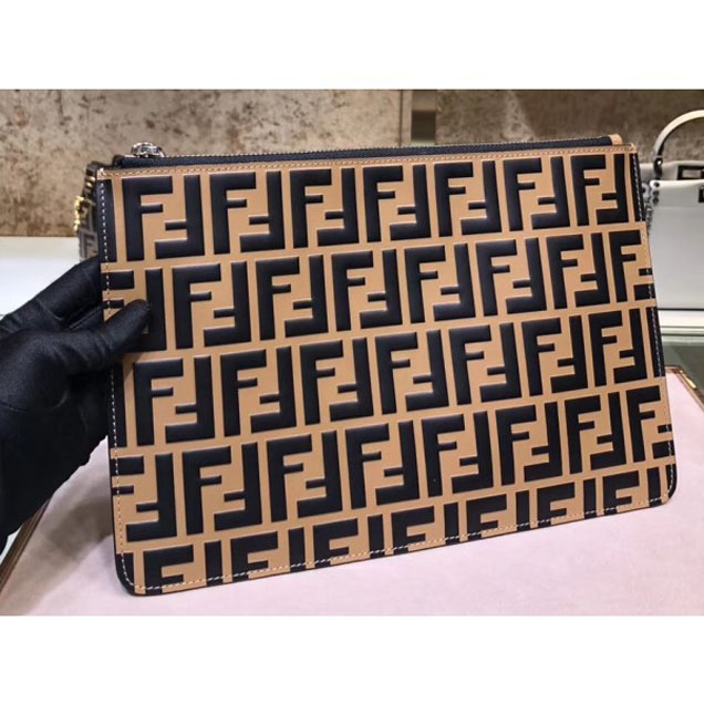 Fendi FF Logo Leather Pochette Pouch Clutch Bag Brown 2018