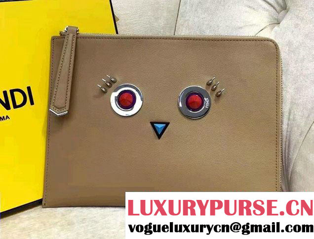 Fendi Multicolored Metal and Square Eyes Clutch Zip Pouch Bag Apricot 2017