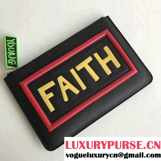 Fendi Inlaid Leather Flat Pouch With "Faith" Inlay Black 2017 (CL-7110811 )