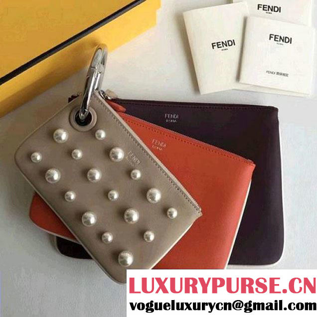 Fendi Pearls Leather Triplette Pouch Bag Beige/Orange/Burgundy F/W 2017 (CL-8010402 )