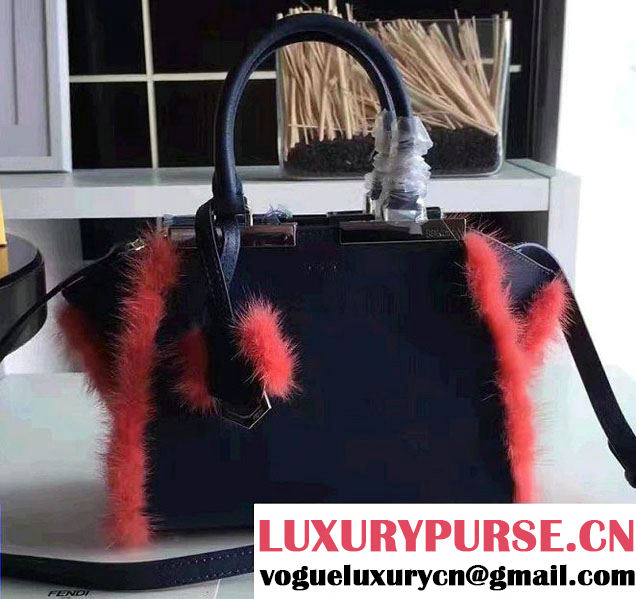 Fendi Soft Calfskin and Fur 3jours Shopper Bag Dark Blue/Red 2016