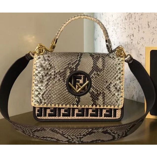 Fendi Python Gray Kan I Medium F Logo Bag Raffia Edges And A Raised Embroidered Iconic FF Logo 2018