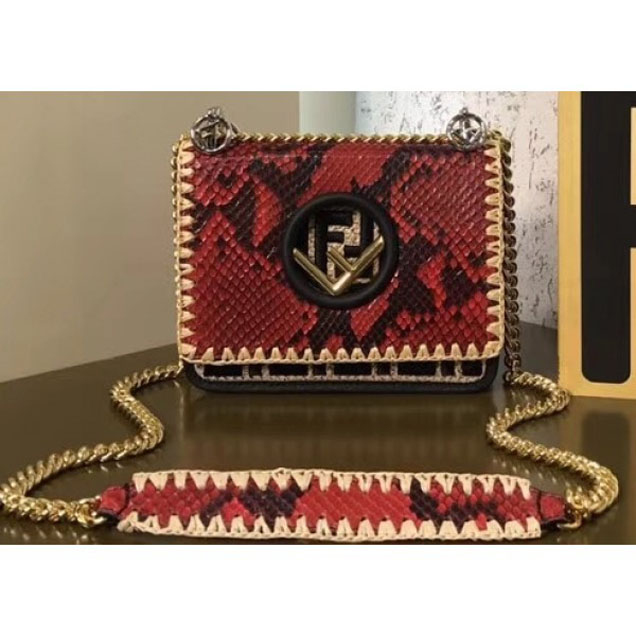 Fendi Python Red Kan I Mini F Logo Bag Raffia Edges And A Raised Embroidered Iconic FF Logo 2018