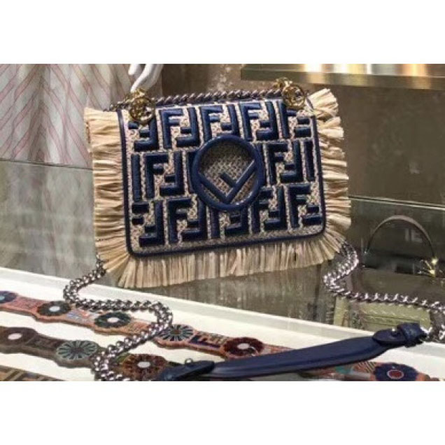 Fendi Mini Kan I F Logo Bag Raffia Embroidered FF Logo and Fringed Edges Blue 2018