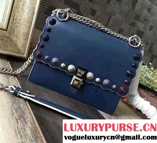 Fendi KAN I Small Stud Detail Scalloped Pattern Leather Mini Bag Navy Blue 2017