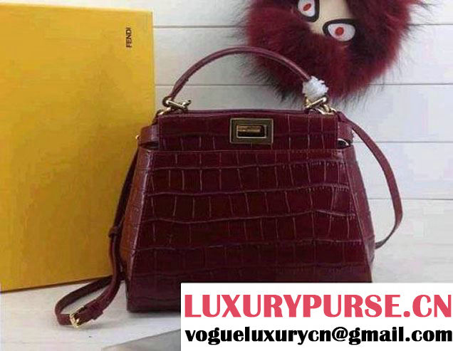 Fendi Croc Pattern Peekaboo Mini Bag Burgundy