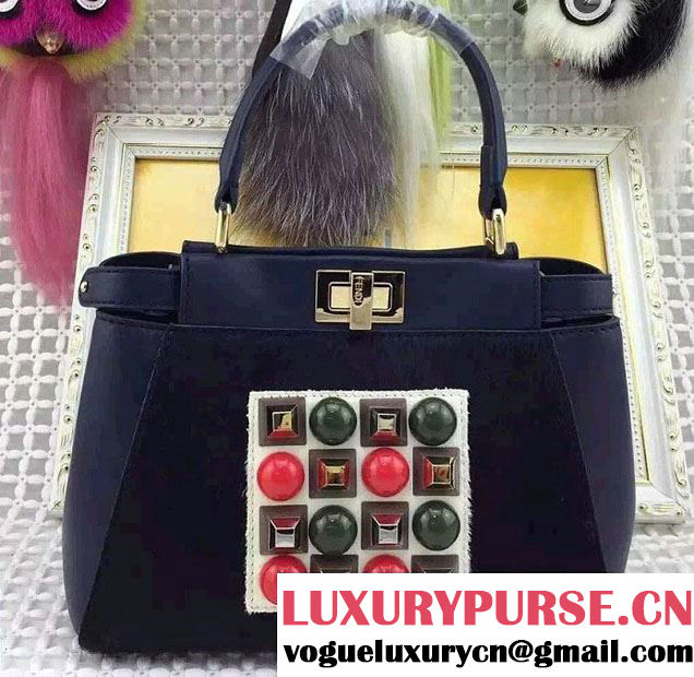 Fendi Mental Studs And Horsehair Mini Peekaboo Bag Dark Blue Fall Winter 2015