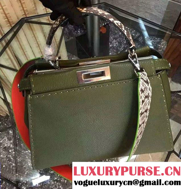 Fendi Togo Leather Peekaboo Bag Army Green with Python Handle 2016