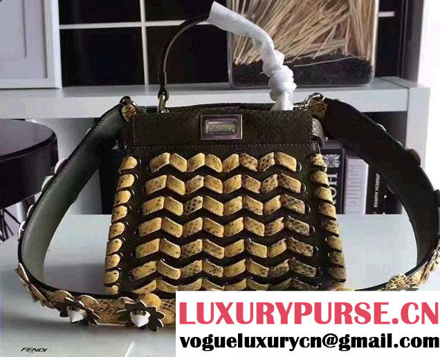 Fendi Python Pattern Interlaced Braided Mini Peekaboo Bag Army Green 2016