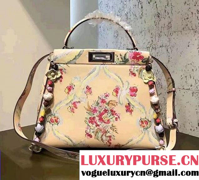 Fendi Peekaboo Cream Floral Print Nappa Leather With Runway Flowers Handbag 2017