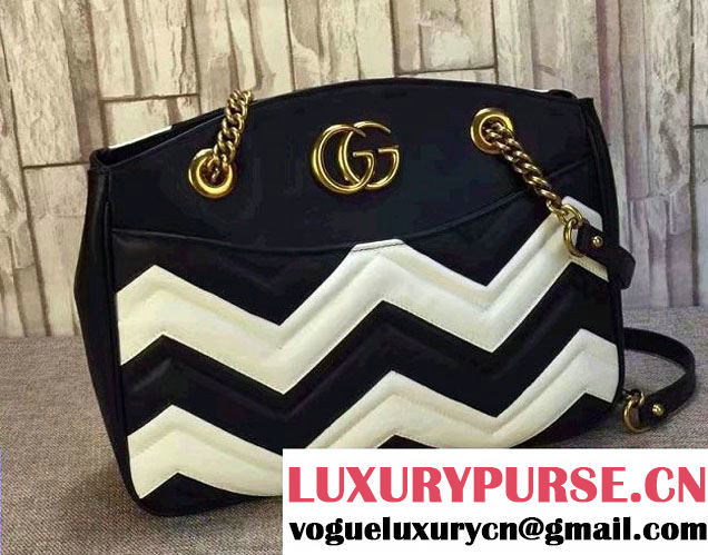 Gucci GG Marmont Matelassé Chevron Tote Medium Bag 443501 Black/White 2016