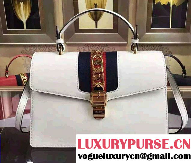 Gucci Sylvie Leather Top Handle Medium Bag 431665 White 2016