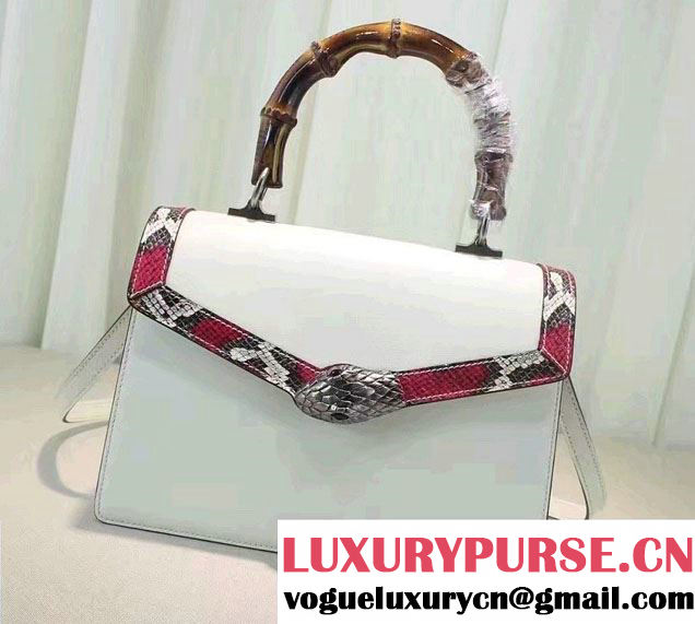 Gucci Snake Pattern Leather Bamboo Top Handle Bag 443682 White 2016