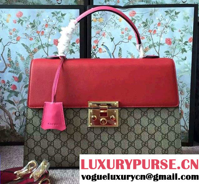 Gucci Padlock GG Canvas/Leather Top Handle Medium Bag 428208 Red/Fushia 2016