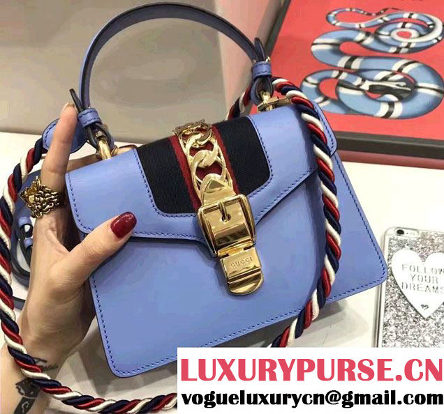 Gucci Sylvie Leather Top Handle Shoulder Mini Bag 470270 Light Blue 2017