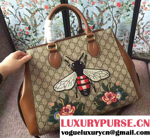 Gucci GG Supreme Top Handle Large Bag 453704 Embroidered Bee Flower 2017