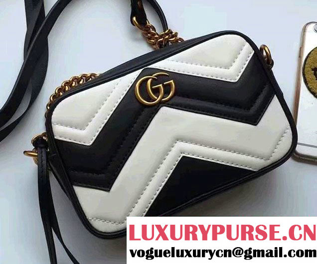 Gucci GG Marmont Matelassé Chevron Mini Chain Shoulder Camera Bag 448065 Black/White 2016