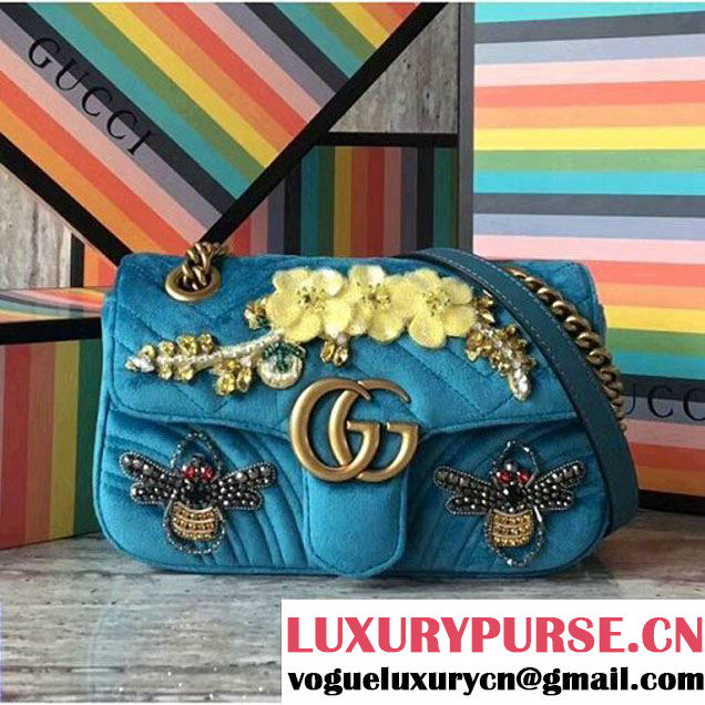 Gucci GG Marmont Flower Embroidered Velvet Mini Bag 446744 Blue 2017 (SLP-7110252 )