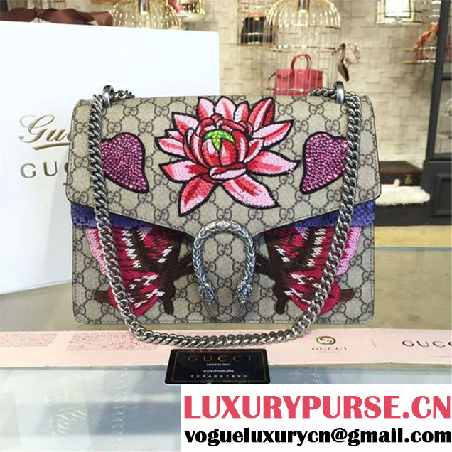 Gucci Dionysus GG Supreme Lilies and Heart Embroidery Canvas Shoulder Large Bag Sequin Appliqué Fall Winter 2016 Collection Beige Purple Python