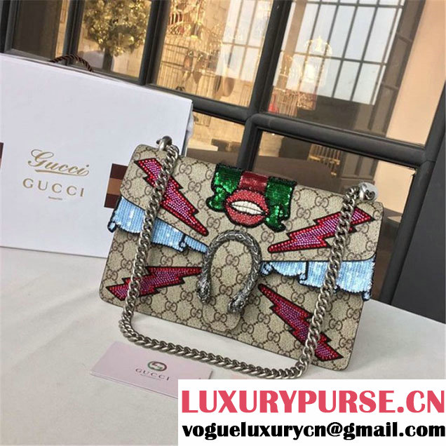 Gucci Dionysus GG Supreme Lightning Bolt Lips Embroidery Canvas Shoulder Medium Bag Sequin Appliqué Fall Winter 2016 Collection Beige