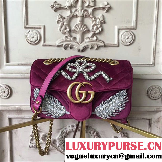 Gucci Bordeaux Feather Embroidered GG Marmont 23cm Shoulder Bag Pre-Fall 2017 Collection Fuschia