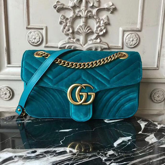 Gucci Marmont Chevron Velvet Shoulder Bag 26cm 443497 Fall Winter 2017 Collection Turquoise