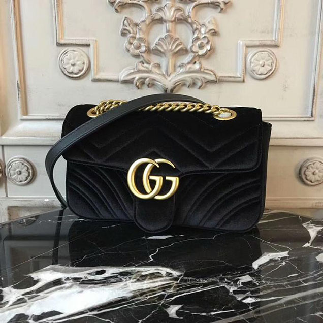 Gucci Marmont Chevron Velvet Shoulder Bag 446744 22cm Black