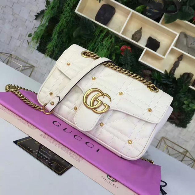 Gucci GG Marmont Matelasse Pearl Studded Bag Calfskin Leather 26cm White