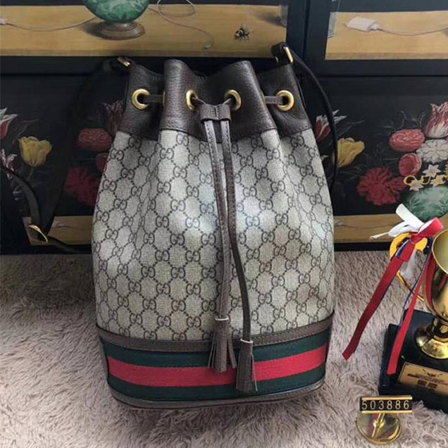 Gucci GG Supreme Canvas Bucket Bag with Web 2018