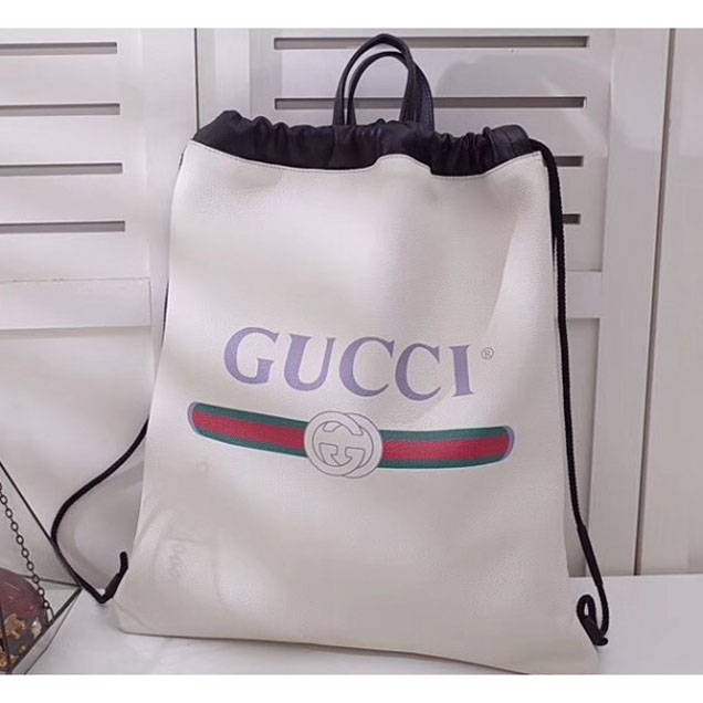 Gucci Print Leather Vintage Logo Drawstring Backpack Bag 494053 White 2018