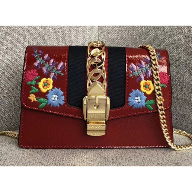 Gucci Sylvie Web Patent Leather Mini Chain Bag 494646 Red Embroidered Flower 2018