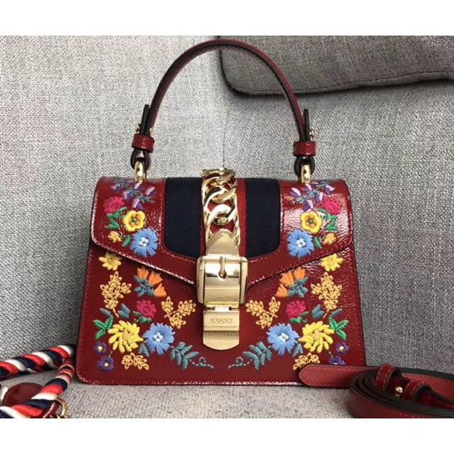 Gucci Sylvie Web Patent Leather Top Handle Shoulder Mini Bag 470270 Red Embroidered Flower 2018