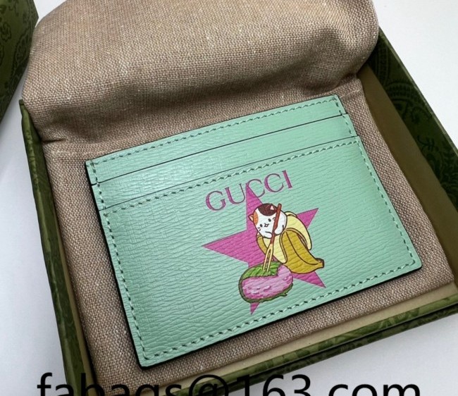 Gucci and Star Bolt Bananya Print Leather Card Case 701064 Pale Green 2022