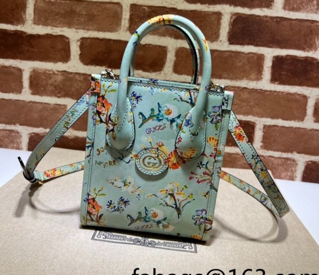 Gucci Leather Mini Tote Bag with Blooming Love Print ??671623 Mint Green 2022