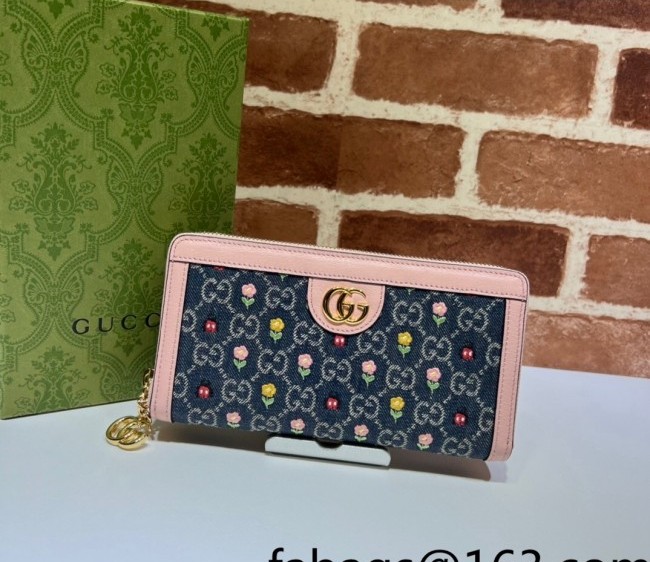 Gucci Ophidia GG Denim Zip Around Wallet with Floral Embroidery? and Love Motif 523154 Pink/Blue 2022