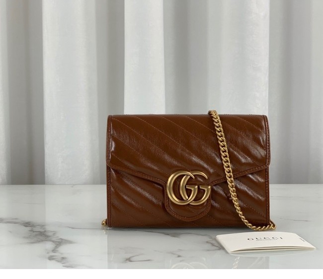 Gucci GG Marmont Diagonal Leather Chain Mini Bag 474575 Brown 2022