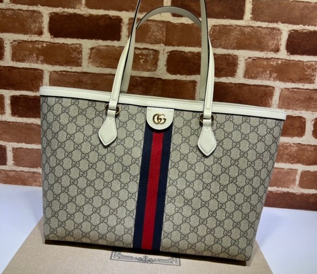 Gucci Ophidia GG Canvas Medium Tote Bag with Web 631685 Beige/White 2021