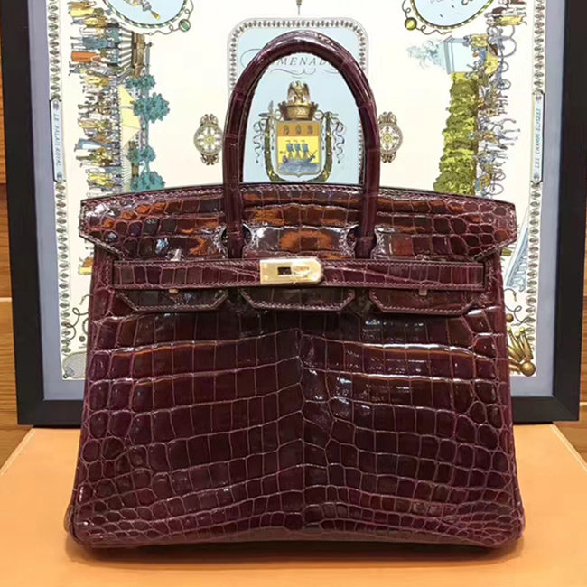 Hermes Birkin Bag 25cm Shiny Niloticus Crocodile Skin Bag Handstitched Palladium Hardware Raisin