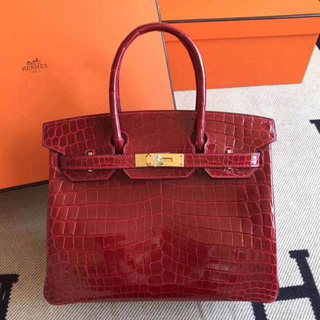 Hermes Birkin Bag 30cm Shiny Niloticus Crocodile Skin Bag Handstitched Palladium Gold Hardware Red