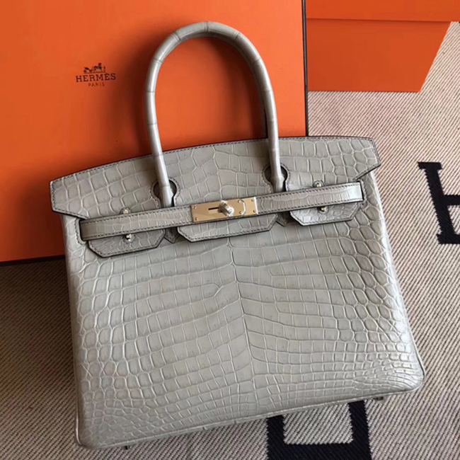 Hermes Birkin Bag 30cm Niloticus Crocodile Skin Bag Handstitched Palladium Hardware Gray