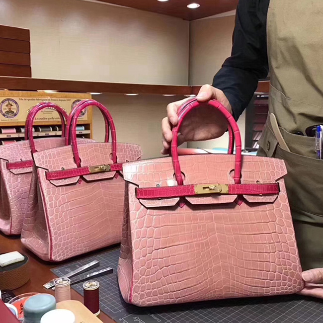 Hermes Birkin Bag 30cm Shiny Niloticus Crocodile Skin Bag Handstitched Palladium Hardware Pink