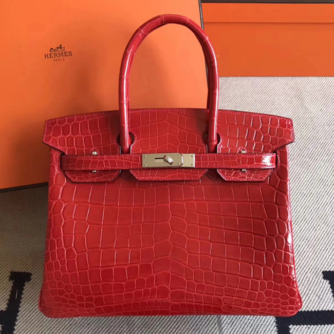 Hermes Birkin Bag 30cm Shiny Niloticus Crocodile Skin Bag Handstitched Palladium Silver Hardware Red