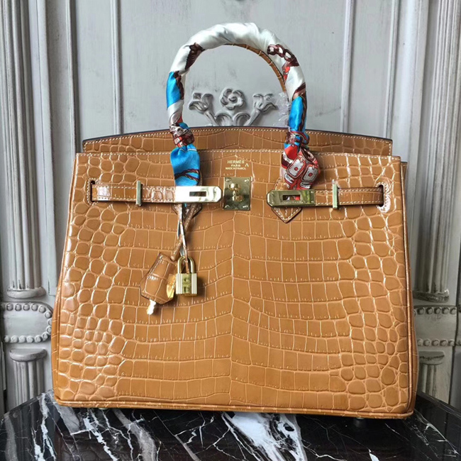 Hermes Birkin Bag 35cm Shiny Niloticus Crocodile Skin Bag Handstitched Palladium Hardware Beige