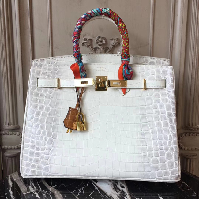 Hermes Birkin Bag 35cm Shiny Niloticus Crocodile Skin Bag Handstitched Palladium Hardware Himalayan