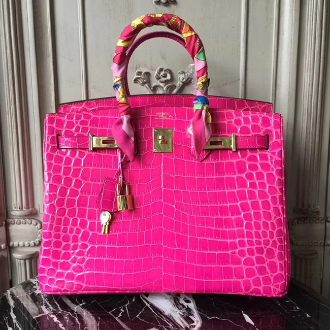 Hermes Birkin Bag 35cm Shiny Niloticus Crocodile Skin Bag Handstitched Palladium Hardware Rose Red