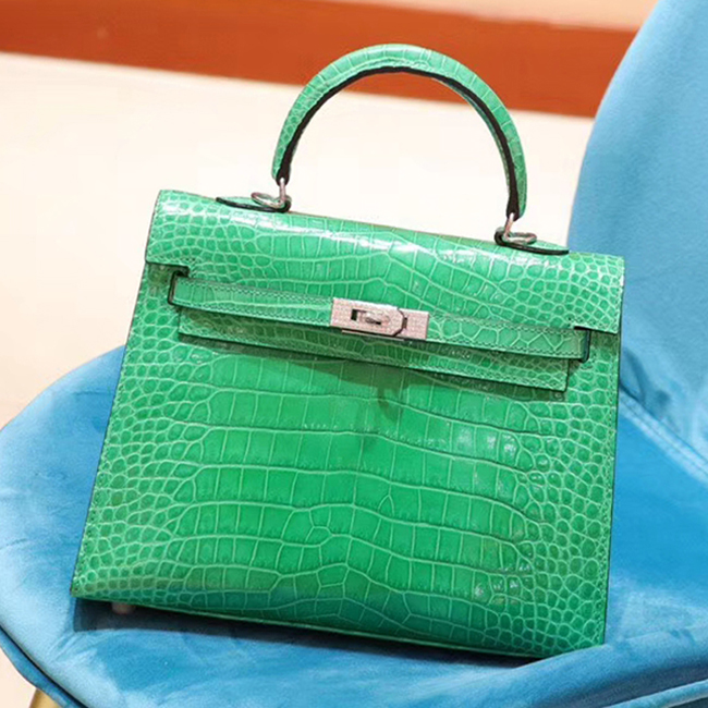 Hermes Birkin Bag 25cm Shiny Alligator Crocodile Skin Bag Handstitched Palladium Hardware Green