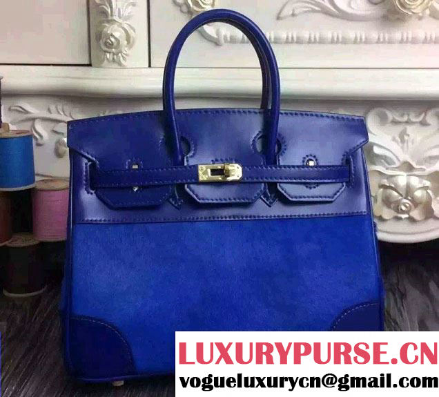 Hermes Birkin 25/30 Pony Hair And Box Leather Bag Blue 2015/2016