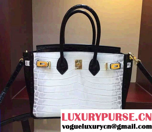 Hermes Birkin 25cm Crocodile Pattern Leather Bag Black/White 2016